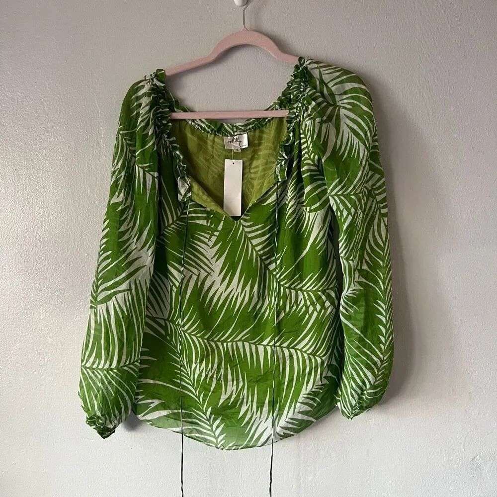 Milly of New York long-sleeve silk blouse green and white botanical palm leaf pr